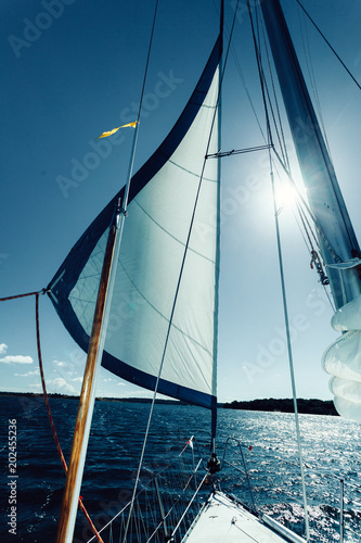 Foto Detailed closeup of sail on sailboat