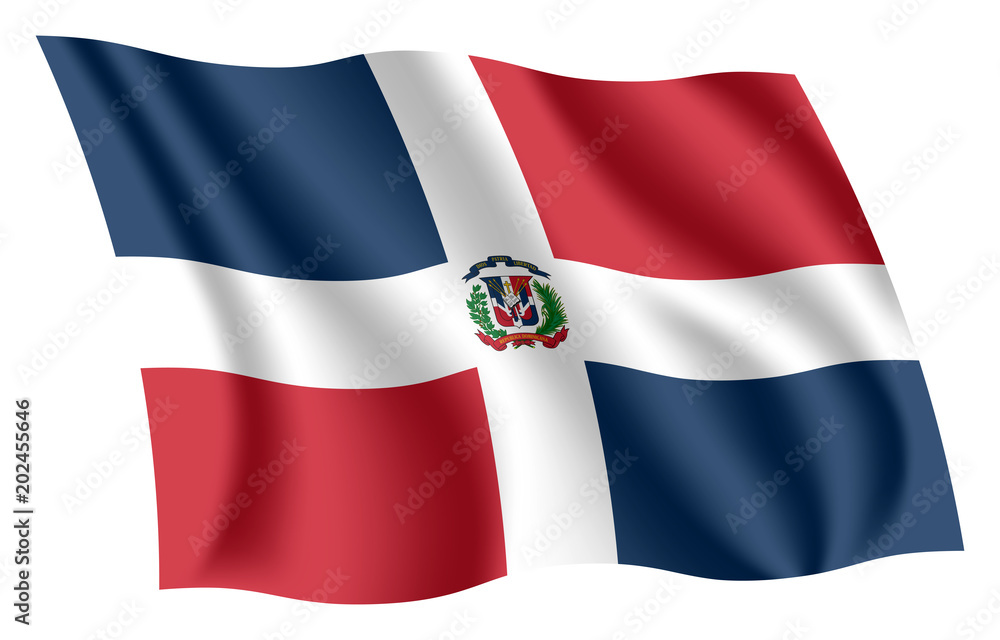 Dominican Republic flag. Isolated national flag of Dominican Republic. Waving flag of Dominican Republic. Fluttering textile dominican flag.