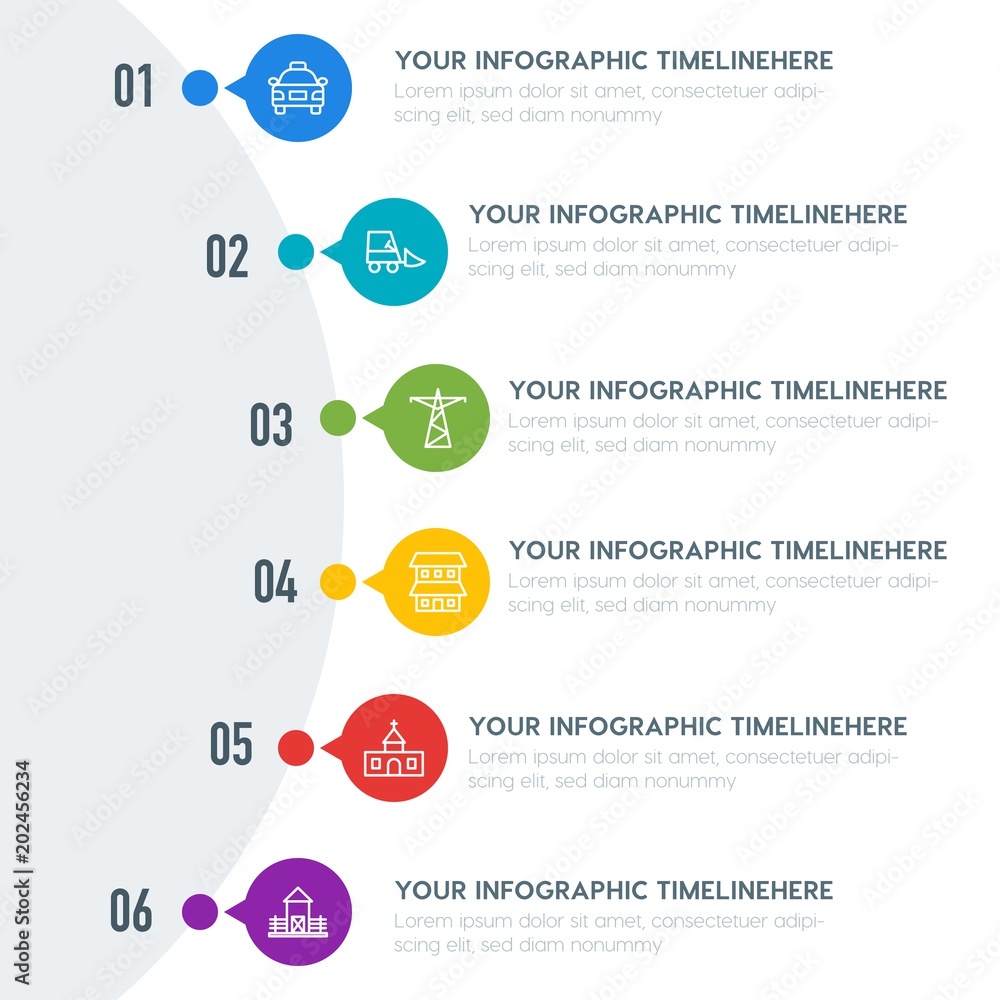Flat transports, industry, buildings infographic timeline template with 7 options for presentations, advertising, annual reports Flat transports, industry, buildings infographic timeline template with 7 options for presentations, advertising, annual reports