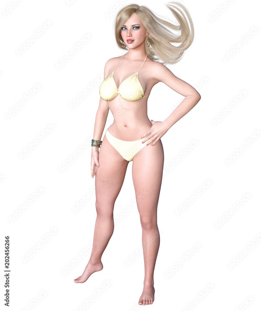 3D beautiful blond woman swimsuit bikini. Summer rest. Conceptual fashion art. Seductive candid pose. Realistic render illustration. Isolate 3D beautiful blond woman swimsuit bikini. Summer rest. Conceptual fashion art. Seductive candid pose. Realistic render illustration. Isolate