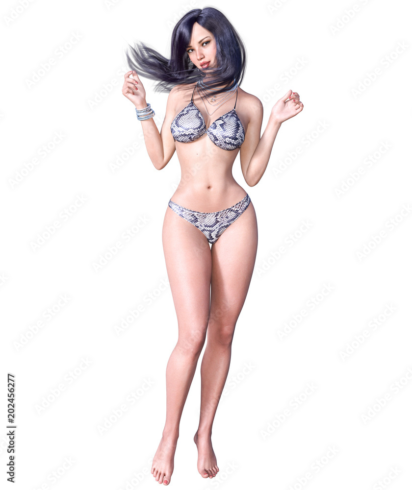 3D beautiful dark haired woman swimsuit bikini. Summer rest. Conceptual fashion art. Seductive candid pose. Realistic render illustration. Isolate
3D beautiful dark haired woman swimsuit bikini. Summer rest. Conceptual fashion art. Seductive candid pose. Realistic render illustration. Isolate