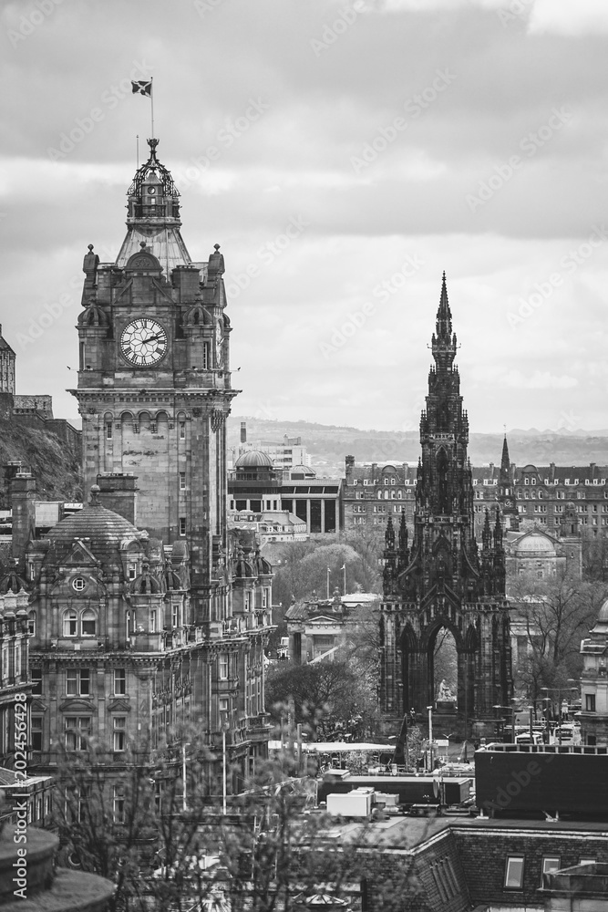 Black And White Stunning views over the city of Edinburgh, Scotland With Grain