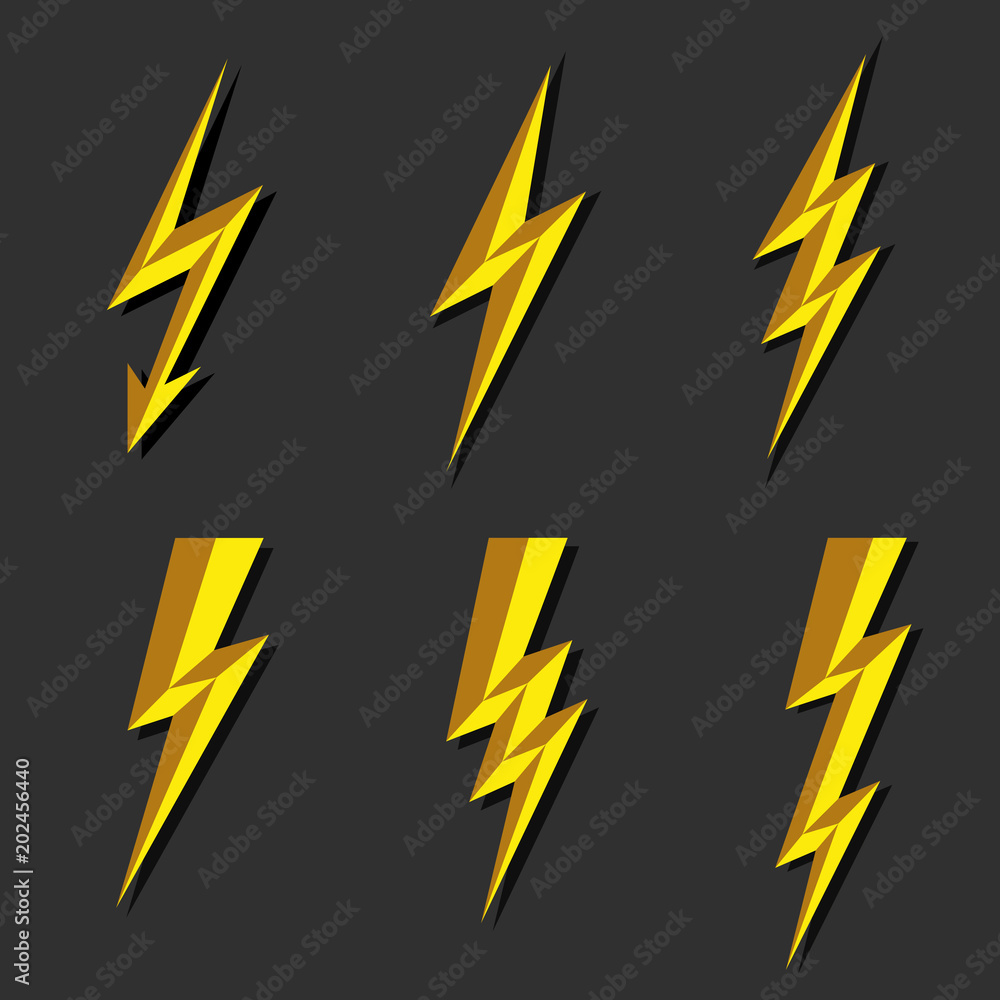Lightning thunderbolt icon vector.Flash symbol illustration.Lighting Flash  Icons Set. Flat Style on Dark Background.Silhouette and lightning bolt  icon. Set of yellow icons storm Stock Vector