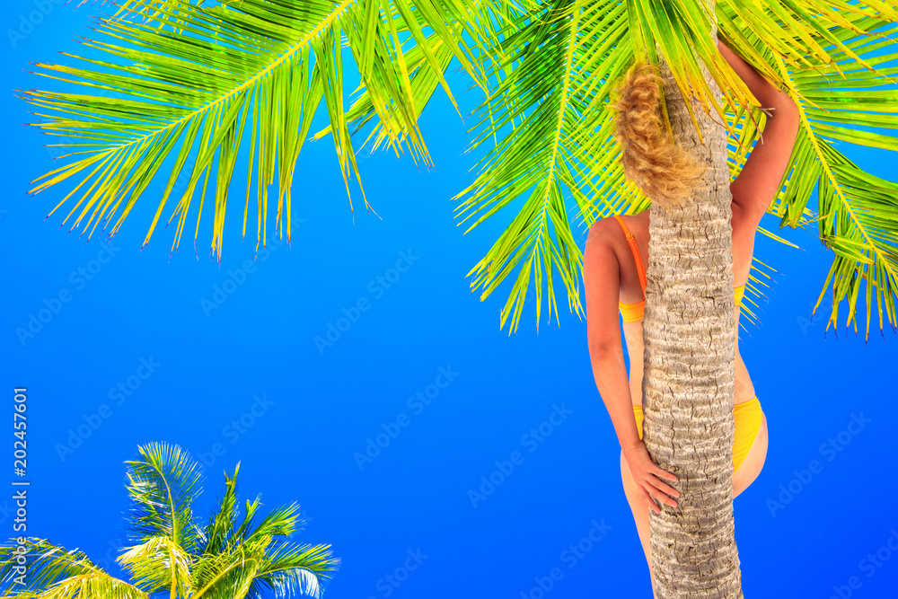 Φωτογραφία Blond woman with bikini sunning on a palm tree on a sandy beach in the Maldives