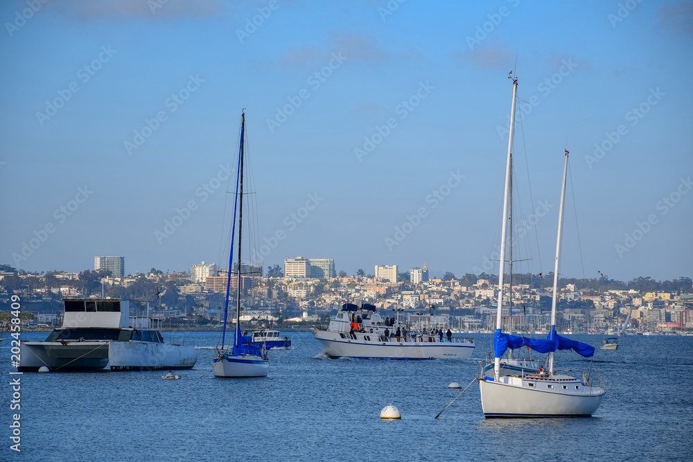A nautical atmosphere prevails on Shelter Island, one of San Diego's principal boating centers.