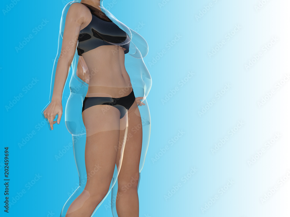 Conceptual fat overweight obese female vs slim fit healthy body after weight loss or diet with muscles thin young woman on blue. A fitness, nutrition or fatness obesity, health shape 3D illustration Conceptual fat overweight obese female vs slim fit healthy body after weight loss or diet with muscles thin young woman on blue. A fitness, nutrition or fatness obesity, health shape 3D illustration