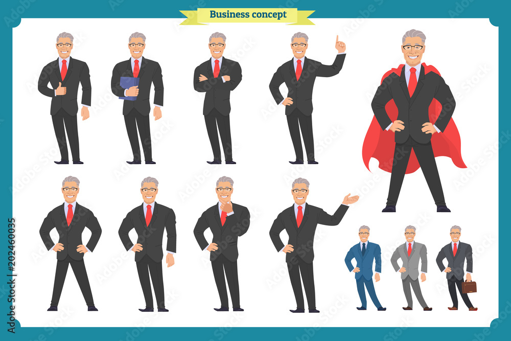 Set of businessman presenting in various action.Happy man in business suit.People character.Face,body elements for design, animation work.Isolated vector on white.Flat, style.