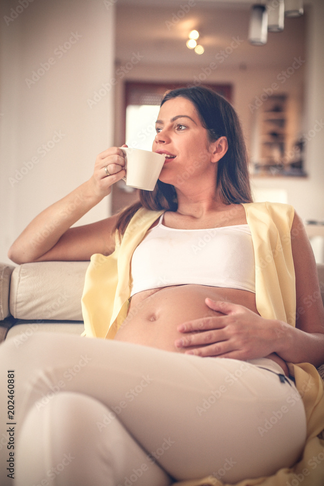 Beautiful pregnant woman relaxing at her home with a cup of tea. Beautiful pregnant woman relaxing at her home with a cup of tea.