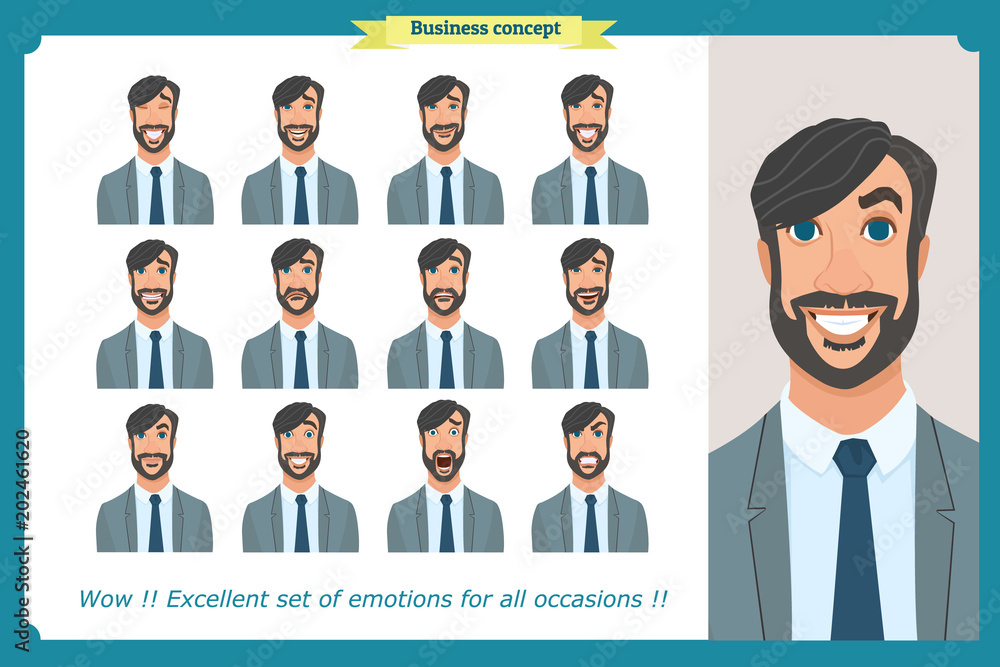 Set of male facial emotions. Young business man character with different expressions.Vector flat illustration in cartoon style.Peoples faces, men, person. Male characters.businessman. Set of male facial emotions. Young business man character with different expressions.Vector flat illustration in cartoon style.Peoples faces, men, person. Male characters.businessman.