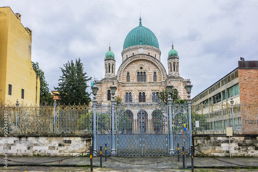 View of Great Synagogue of Florence (Tempio Maggiore Israelitico di Firenze, 1848). Great Synagogue of Florence is one of largest synagogues in South-central Europe. Florence, Tuscany region, Italy.