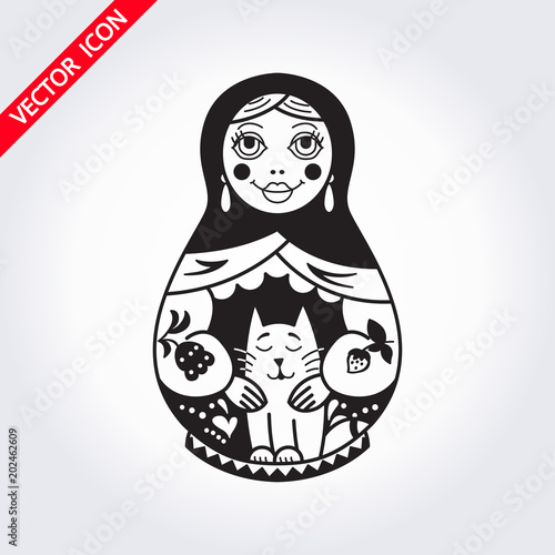 Russian traditional nested doll (matryoshka). Black and White Illustration. Symbol of Russia. Template for style design.  