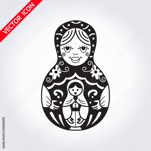 Russian traditional nested doll (matryoshka). Black and White Illustration. Symbol of Russia. Template for style design.  