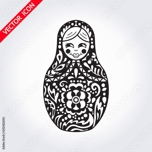 Russian traditional nested doll (matryoshka). Black and White Illustration. Symbol of Russia. Template for style design.  