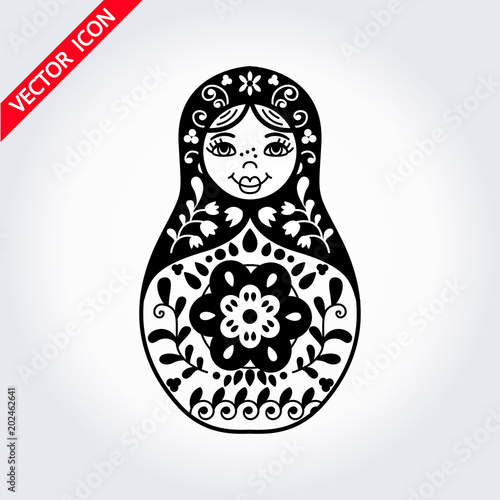 Russian traditional nested doll (matryoshka). Black and White Illustration. Symbol of Russia. Template for style design.  