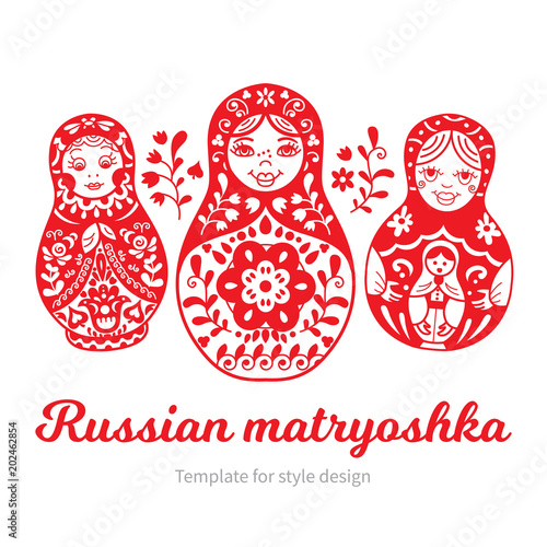 Set of Russian traditional nested dolls (matryoshka). Black and White Illustration. Template for style design.  