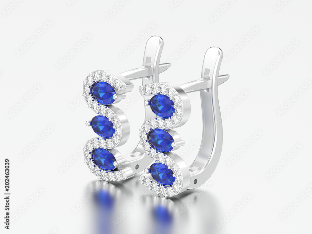 3D illustration isolated silver sapphire earrings with hinged lock 3D illustration isolated silver sapphire earrings with hinged lock