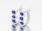3D illustration isolated silver sapphire earrings with hinged lock