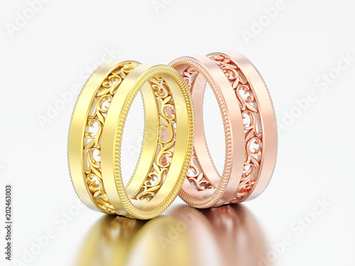 3D illustration two golden decorative carved out ornament diamond rings