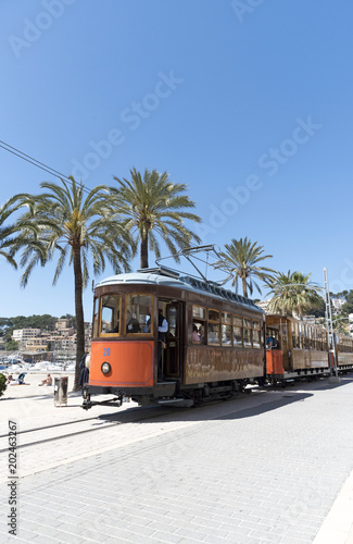 Port de Soller, Mallorca, Spain. April 2018. Vintage tram on the seafront at Port Soller.