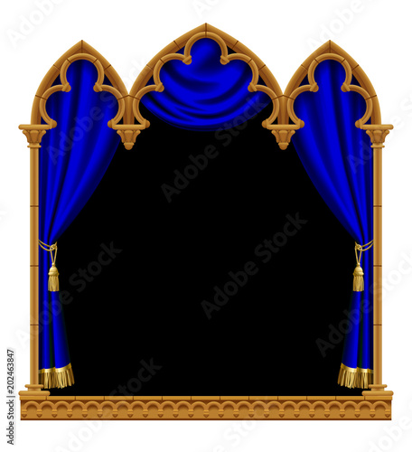 Classic gothic architectural decorative frame with a blue curtain on black