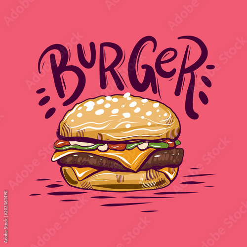 Burger in cartoon style. Fast food vector illustration isolated on pink background.