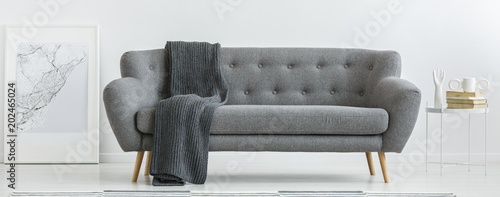 Grey couch with blanket photo