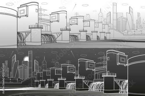 Hydro power plant. River Dam. Energy station. City infrastructure industrial illustration panorama. White and black lines on light and dark background. Vector design art