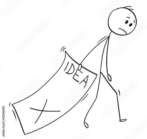 Cartoon stick man drawing conceptual illustration of businessman trailing big paper sheet with idea text rejected by superior. Business concept of suppressed creativity .