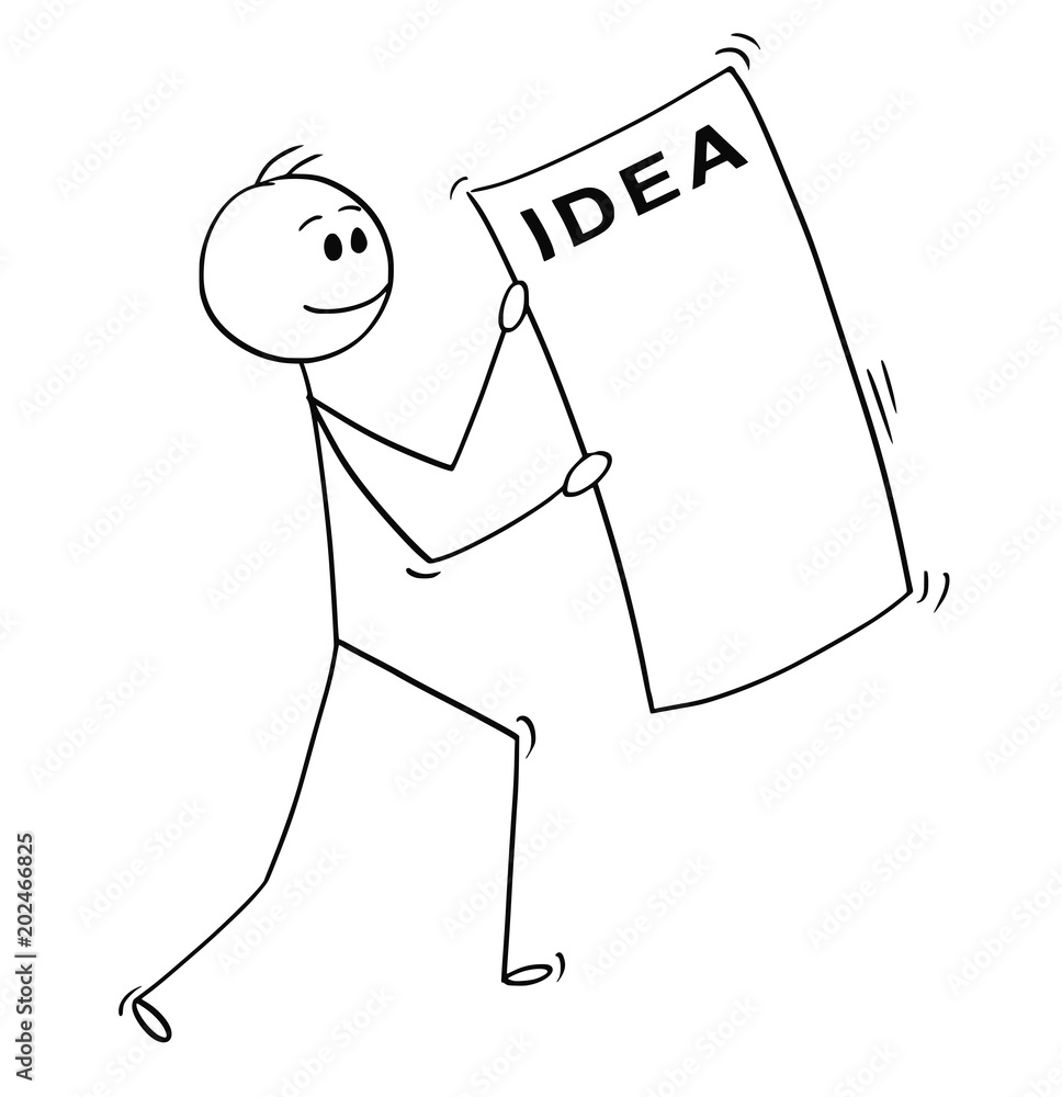 Φωτογραφία Cartoon stick man drawing conceptual illustration of happy businessman carrying big sheet of paper with idea text