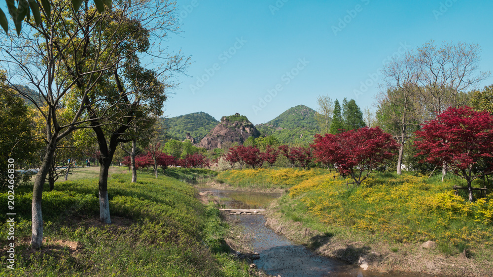 Landscape of park with green and red trees, river and mountains on sunny day Landscape of park with green and red trees, river and mountains on sunny day
