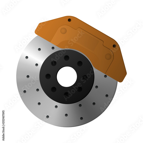 Brake disc, caliper and pad. Replacement of car parts. Vector illustration.