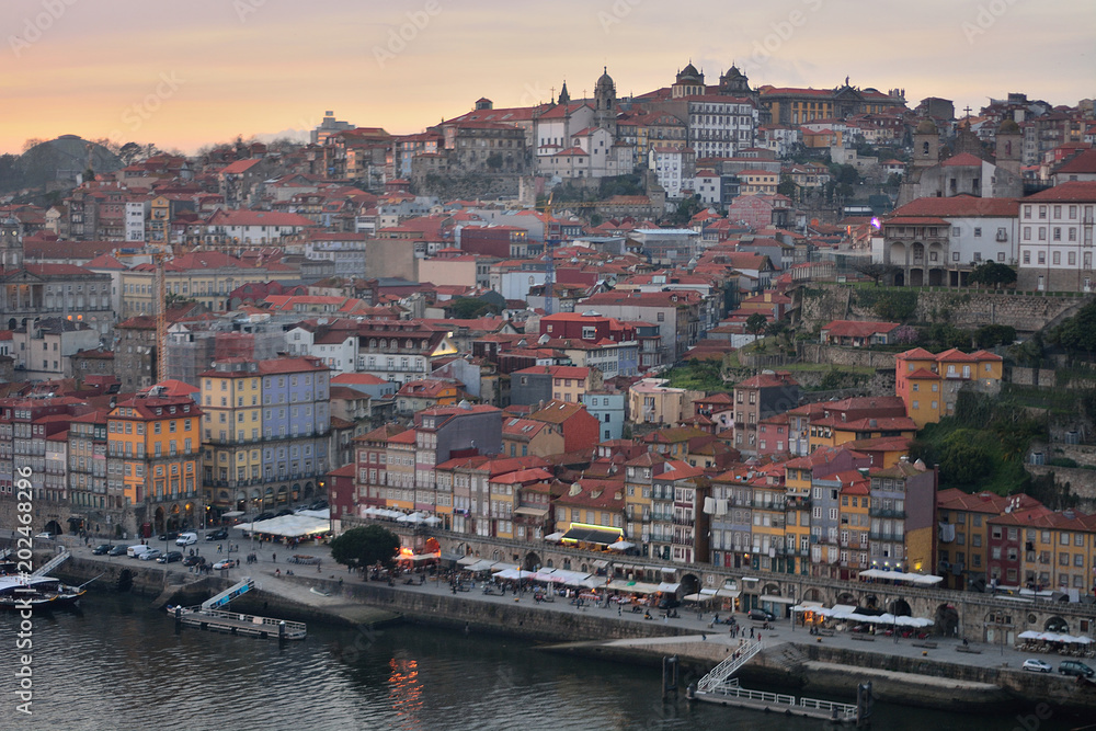 Evening view of the quarter of Ribeira, Porto, Portugal