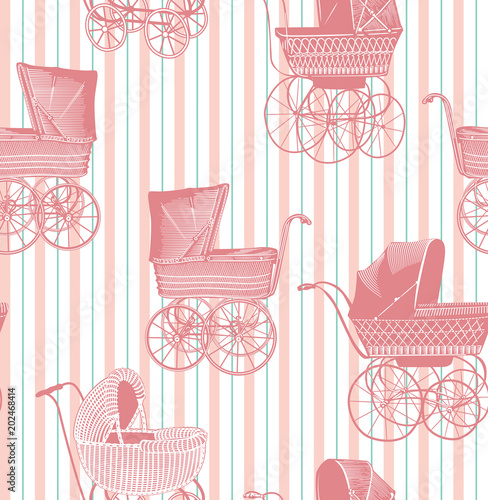 vintage baby strollers seamless pattern