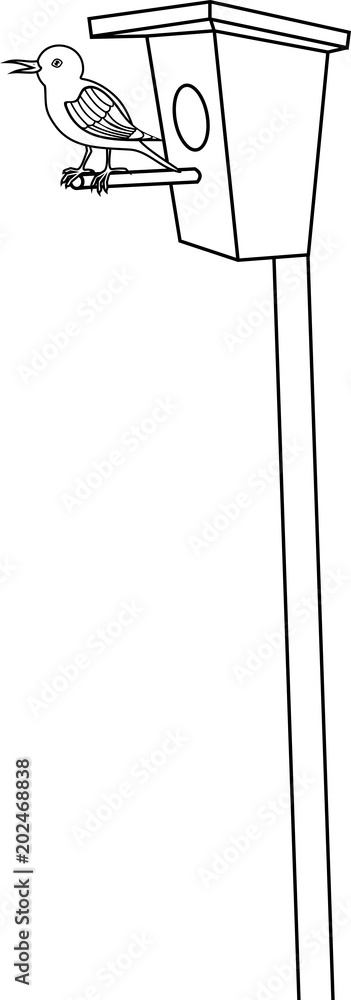 Coloring page. Adult cartoon common starling at birdhouse Coloring page. Adult cartoon common starling at birdhouse