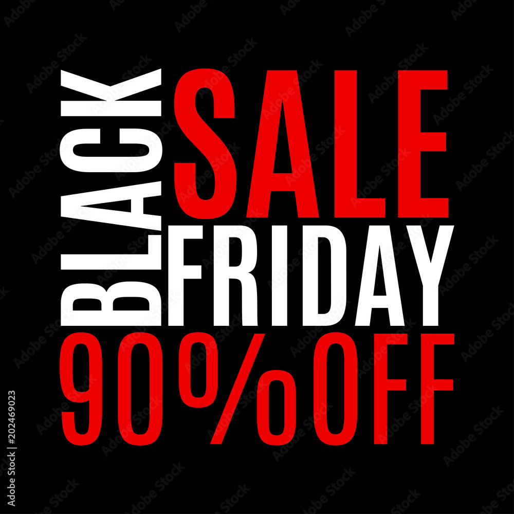 90 percent price off. Black Friday sale banner. Discount background. Special offer, flyer, promo design element. Vector illustration.