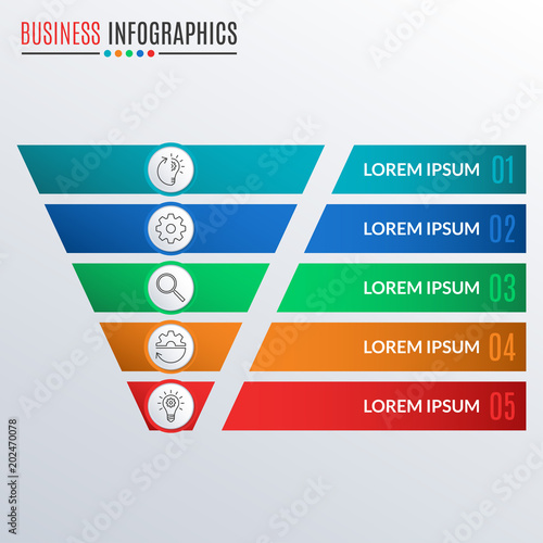 Funnel symbol or cone infographics template. Business pyramid with 5 steps  options or levels. Marketing and sales layout. Vector illustration.