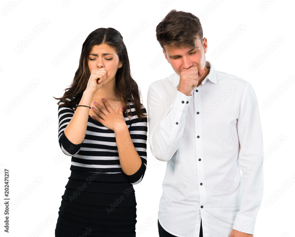Young couple is suffering with cough and feeling bad on isolated white background Young couple is suffering with cough and feeling bad on isolated white background