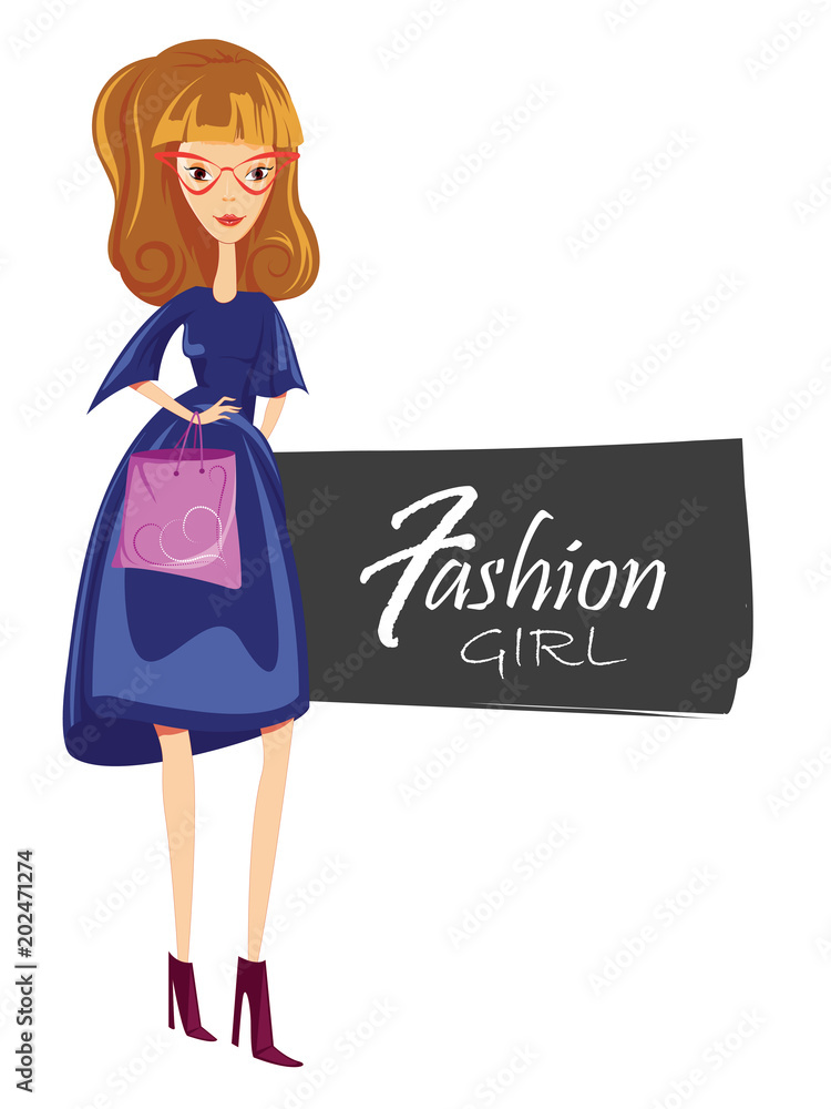 Fashion woman in sunglasses, Beautiful stylish model posing, Girl portrait, Fashion girl cartoon character - Vector illustration 