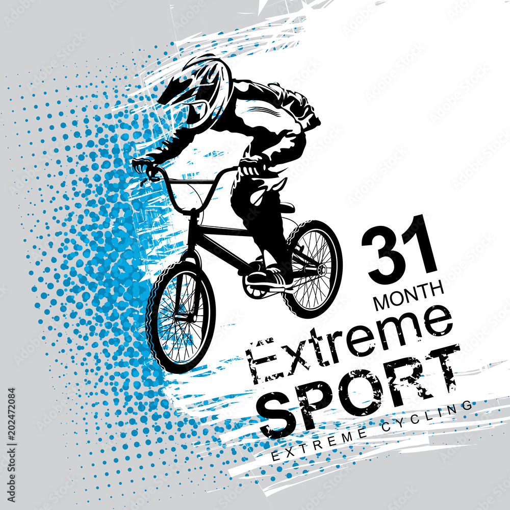 Vector banner or flyer with words Extreme sport and a cyclist on the bike.  Abstract poster of BMX competitions motocross template for promoting  extreme mountain biking Stock Vector | Adobe Stock