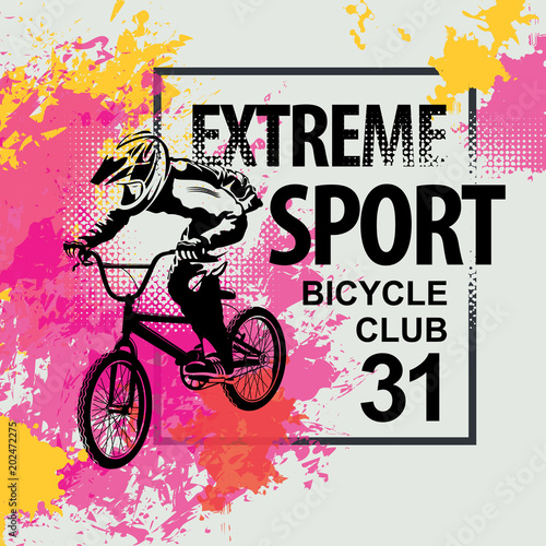 Vector banner or flyer with words Extreme sport and a cyclist on the bike. Abstract poster for bicycle club and promoting extreme mountain biking
