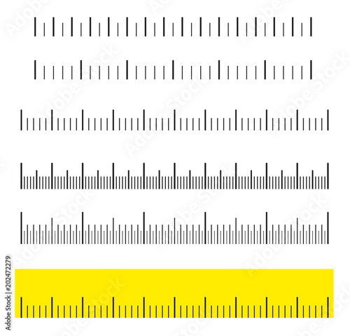 Unit distances.Black scale, markup for rulers. Different units of measurement. Vector illustration.Creative vector illustration set isolated on background. Different unit distances.Yellow ruler