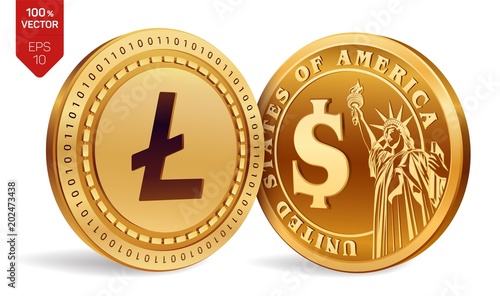 Litecoin. Dollar coin. 3D isometric Physical coins. Digital currency. Cryptocurrency. Golden coins with Litecoin and Dollar symbol isolated on white background. Vector illustration.