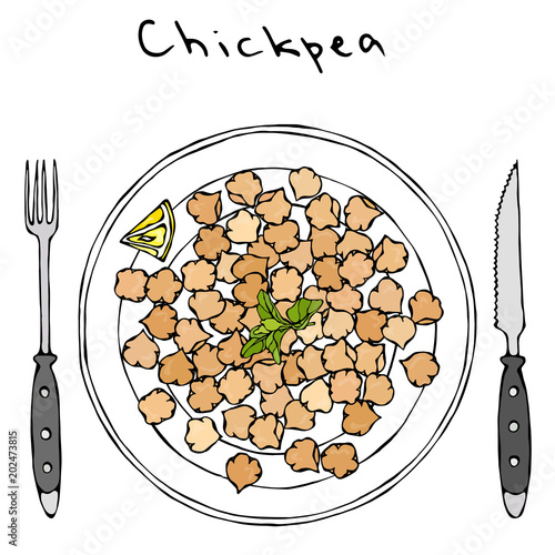Cooked Chickpeas on a Plate with Lemon, Marjoram, Knife and Fork. Detailed Vegetarian Food Farm Product. Jewish Middle East Cuisine Background. Realistic Hand Drawn Illustration. Savoyar Doodle Style.