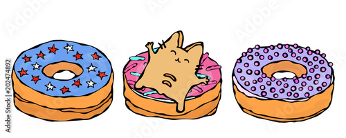 Savoyar the Cat Lying on a Donut. Love Donuts. Cute Cheerful Fun Red or Ginger Kitty with Hands Held High. Adorable Kitten with Hand Up. Cartoon Hand Drawn Illustration. Doodle Style.