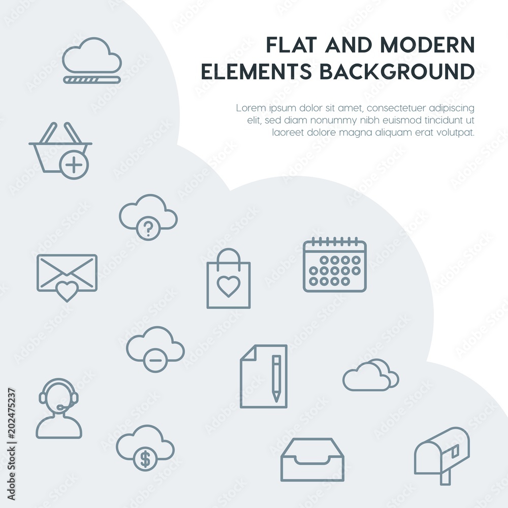 Fotografie cloud and networking, email, shopping outline vector icons and elements background concept on grey background