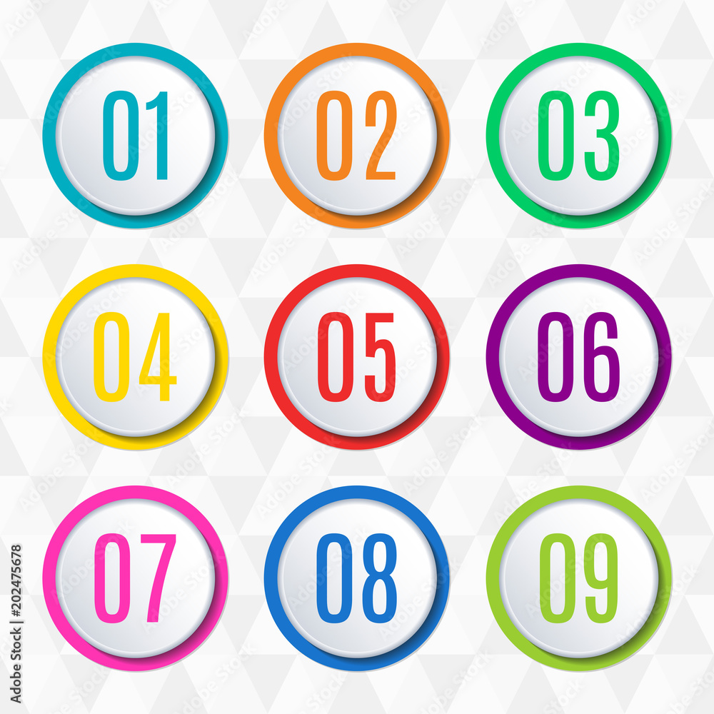 Round buttons or badges with numbers. 1,2,3,45,6,7,8,9 button set. Vector  icon set. Stock-Vektorgrafik | Adobe Stock