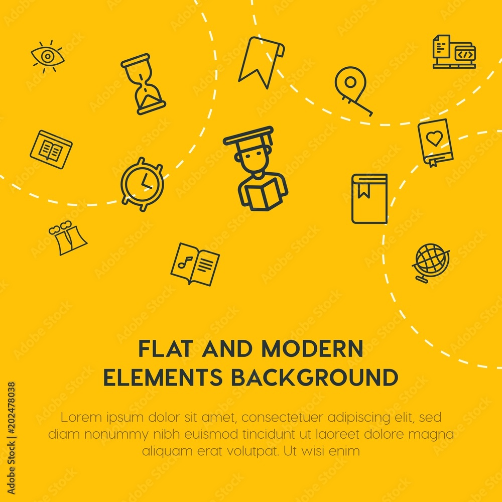 Fotografie science, time, bookmarks, education outline vector icons and elements background concept on yellow background