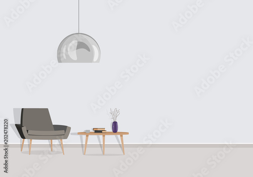 A living room with a wooden coffee table, a lamp and a gray armchair. Vector flat illustration.