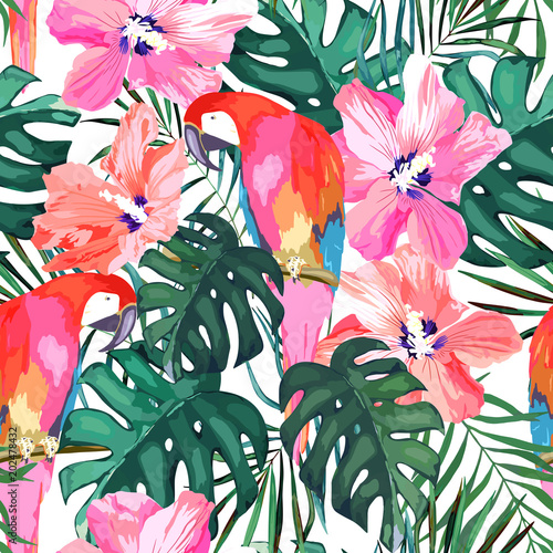 Fototapeta Tropikalny wzór. Dłoń drzewo urlop, kwiat hibiskusa i papuga. Ilustracja wektorowa akwarela. Lato w tle