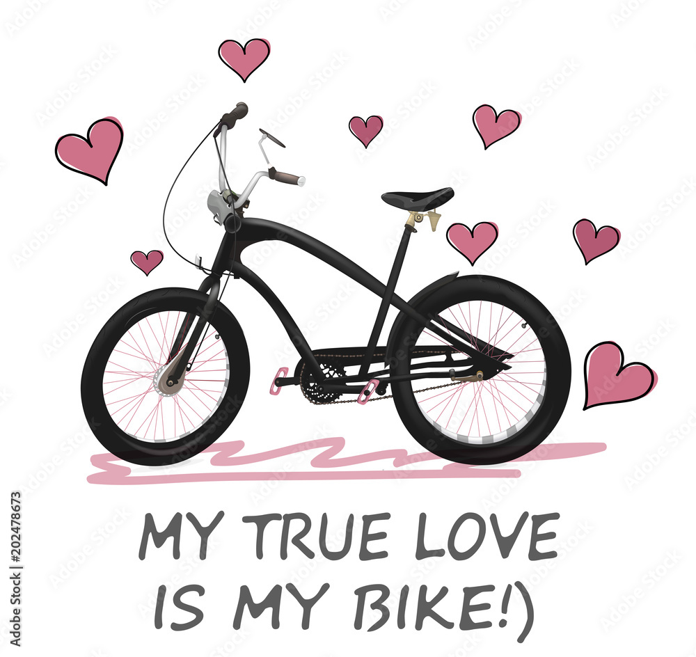 Bicycle on white background. Greeting card. Bike strap with pink hearts.  St. Valentine's Day. Love. Stock Vector | Adobe Stock